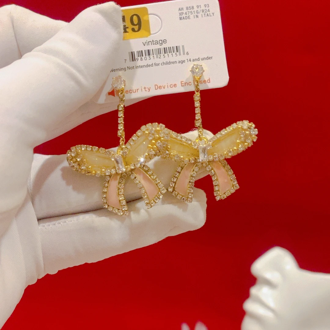 铜合金合成锆石耳饰 进口手工设计师款蝴蝶结中短款耳环轻奢1549