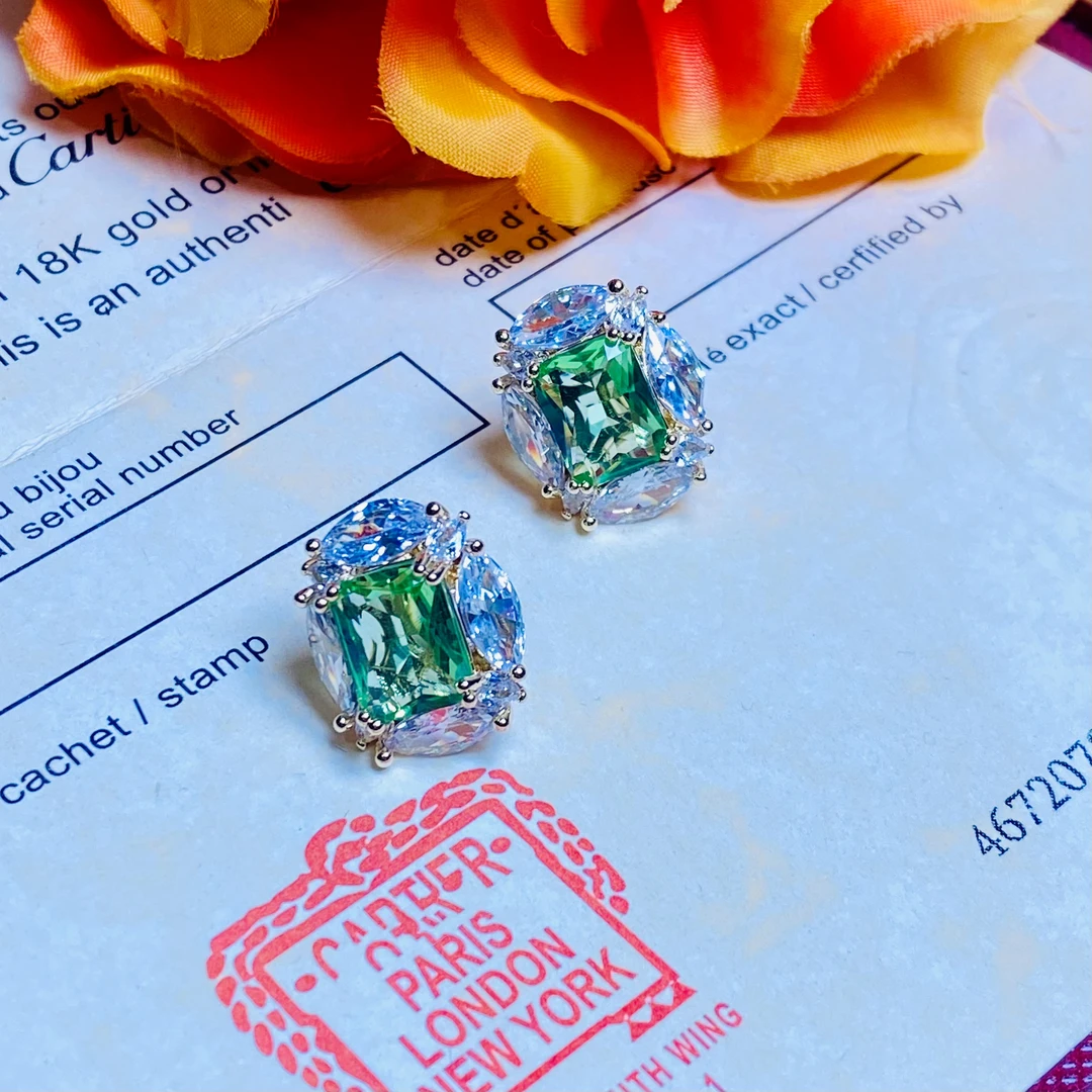 铜合金合成锆石耳饰 进口亮晶晶小众设计师手工苹果绿耳钉860精致