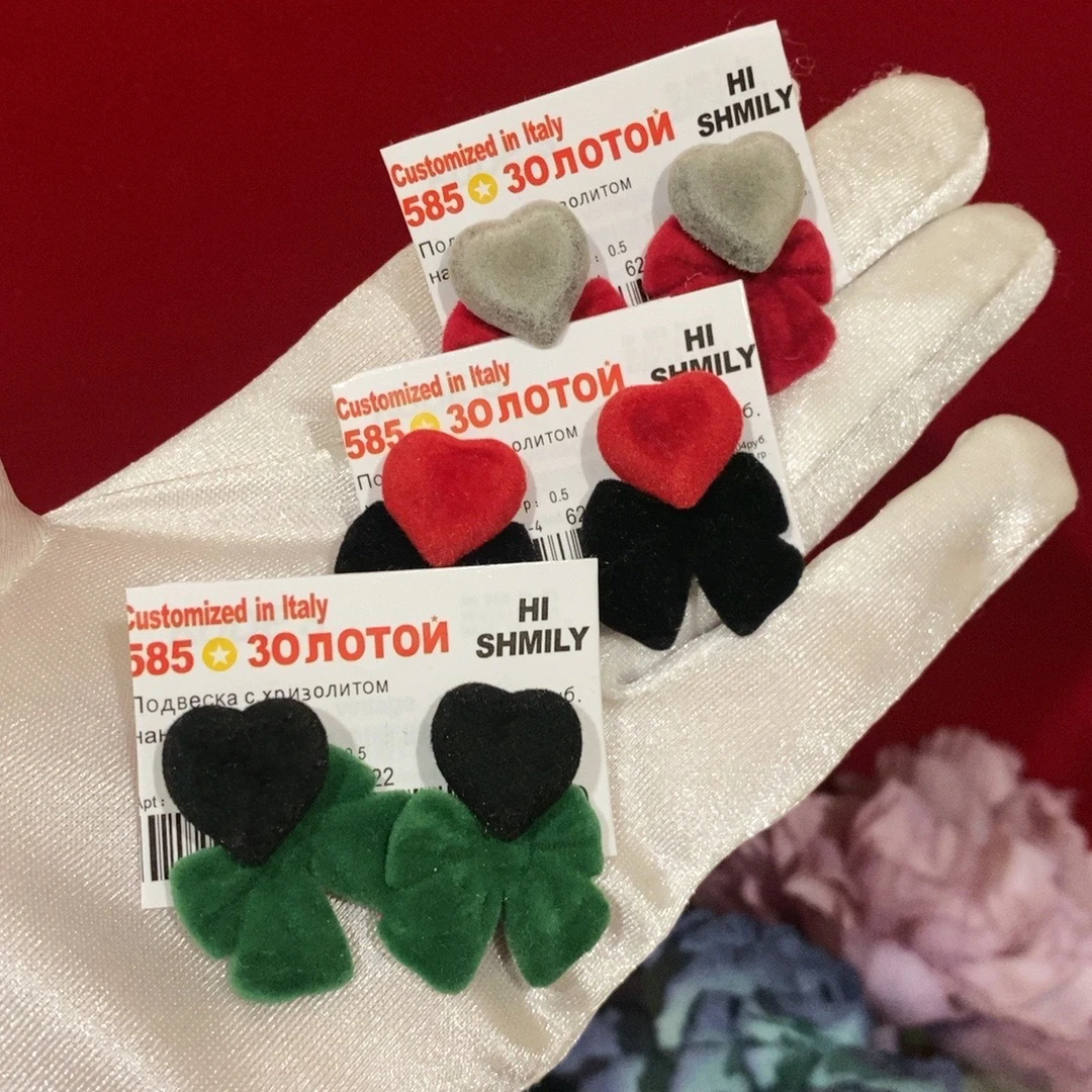 非金属布艺耳饰 海外手工爱心蝴蝶结减龄耳钉1901耳环毛绒可爱A
