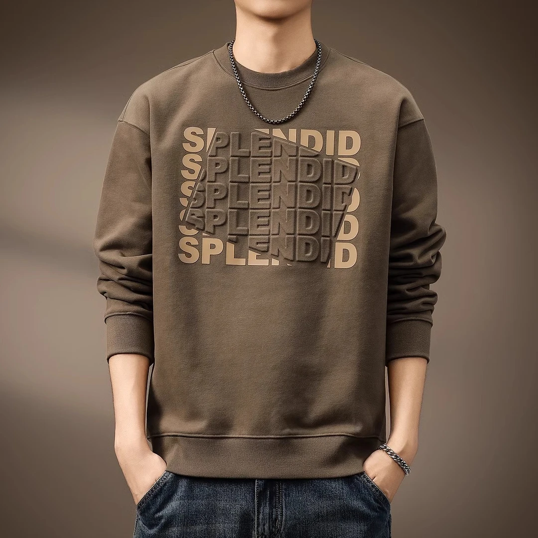 高端480g重磅圆领卫衣男士秋冬美式潮牌字母钢印宽松大码上衣男装