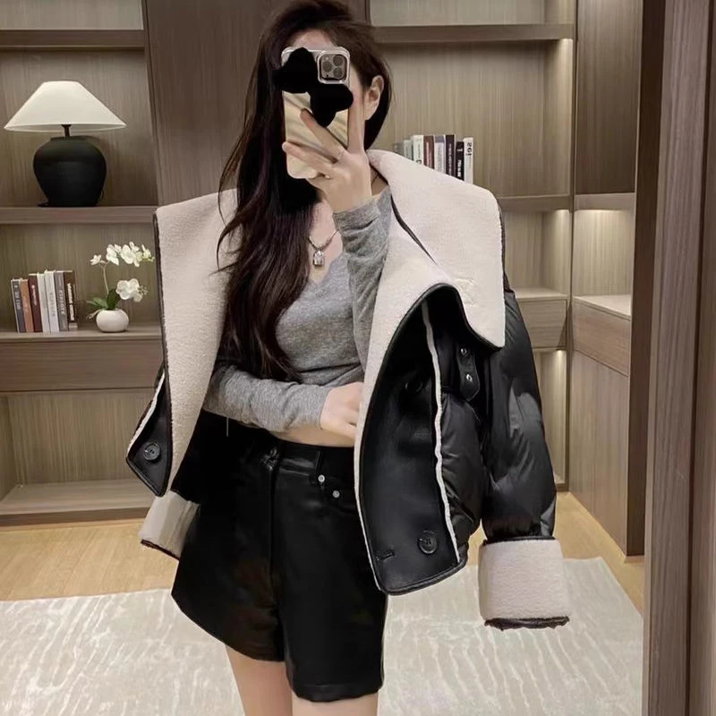 欧货2024冬季美拉德翻领短款PU拼接毛毛宽松新款棉服小个子外套女