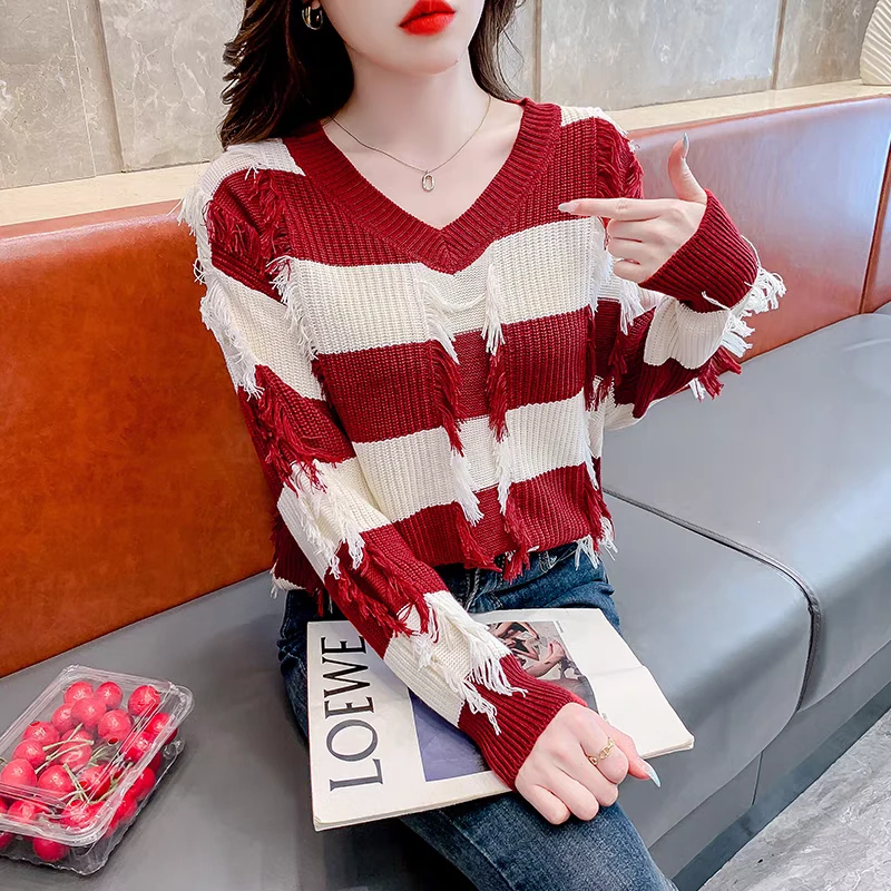婷家条纹V领流苏长袖针织衫秋冬宽松显瘦撞色内搭打底衫软糯上衣