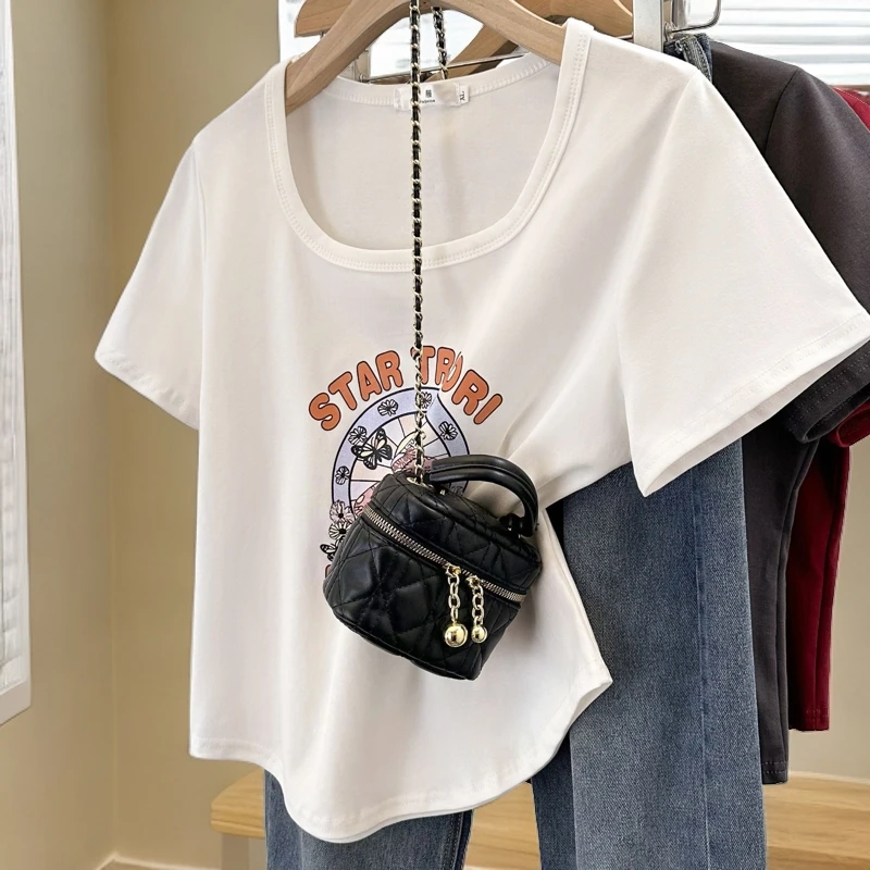 夏季新款大码印花正肩T恤女百搭显瘦穿搭遮肚子设计感小众上衣