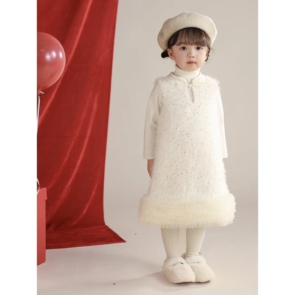 启萌L01新款2024女童无袖拜年服背心蛋糕裙洋气公主裙裙子C4W010