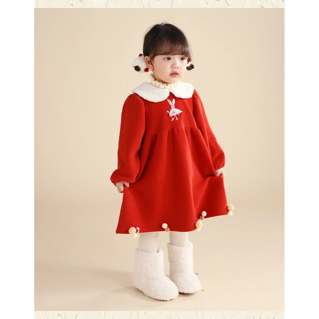 启萌L01拜年服女童礼服2024秋冬新款儿童红色公主连衣裙C4W113
