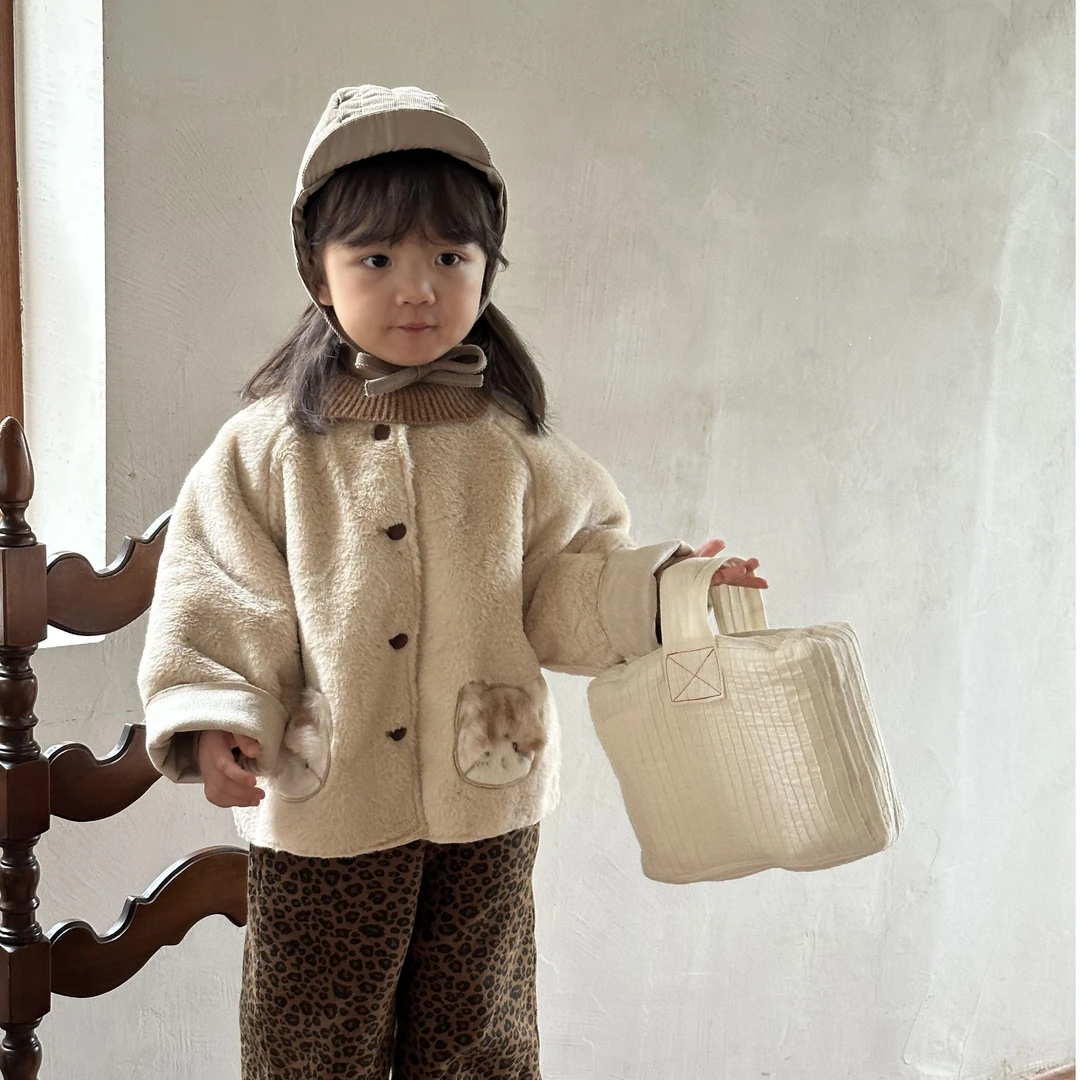 启萌24秋冬新款麂皮毛绒保暖外套韩版小猫可爱毛绒外出服C4W129