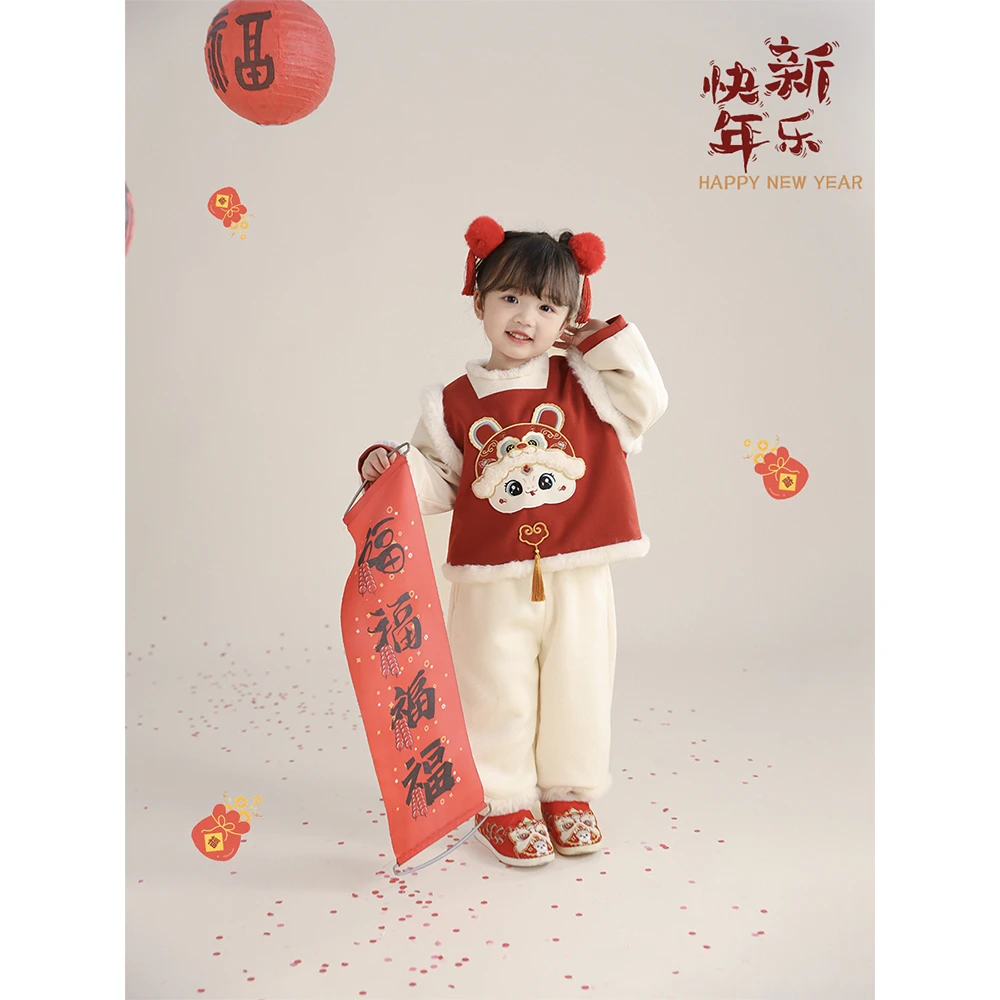 启萌L03拜年服女童新年套装冬季2024新款唐装汉服宝宝过年衣服A02