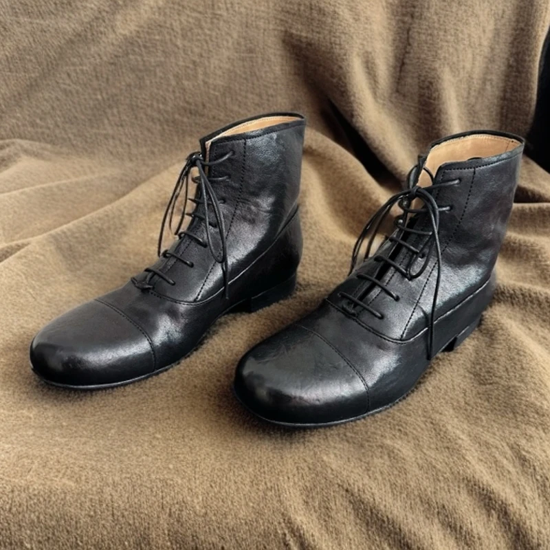 Mantova曼托瓦马丁靴黑色短靴圆头系带复古切尔西靴手工女靴