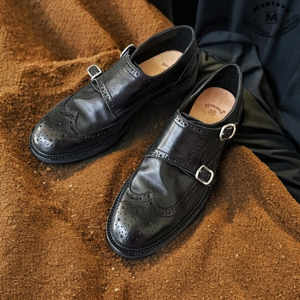 Mantova曼托瓦水洗马皮手工复古搭扣经典布洛克雕花乐福皮鞋女