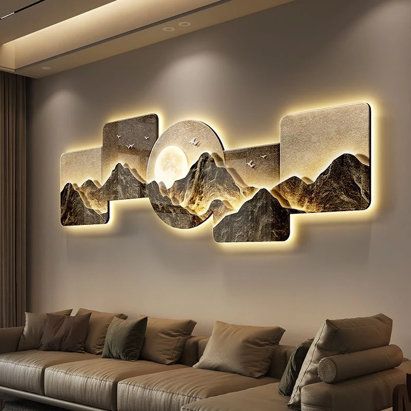 暖光画背有靠山现代轻奢高档客厅背景墙带灯装饰画壁画l e d挂画