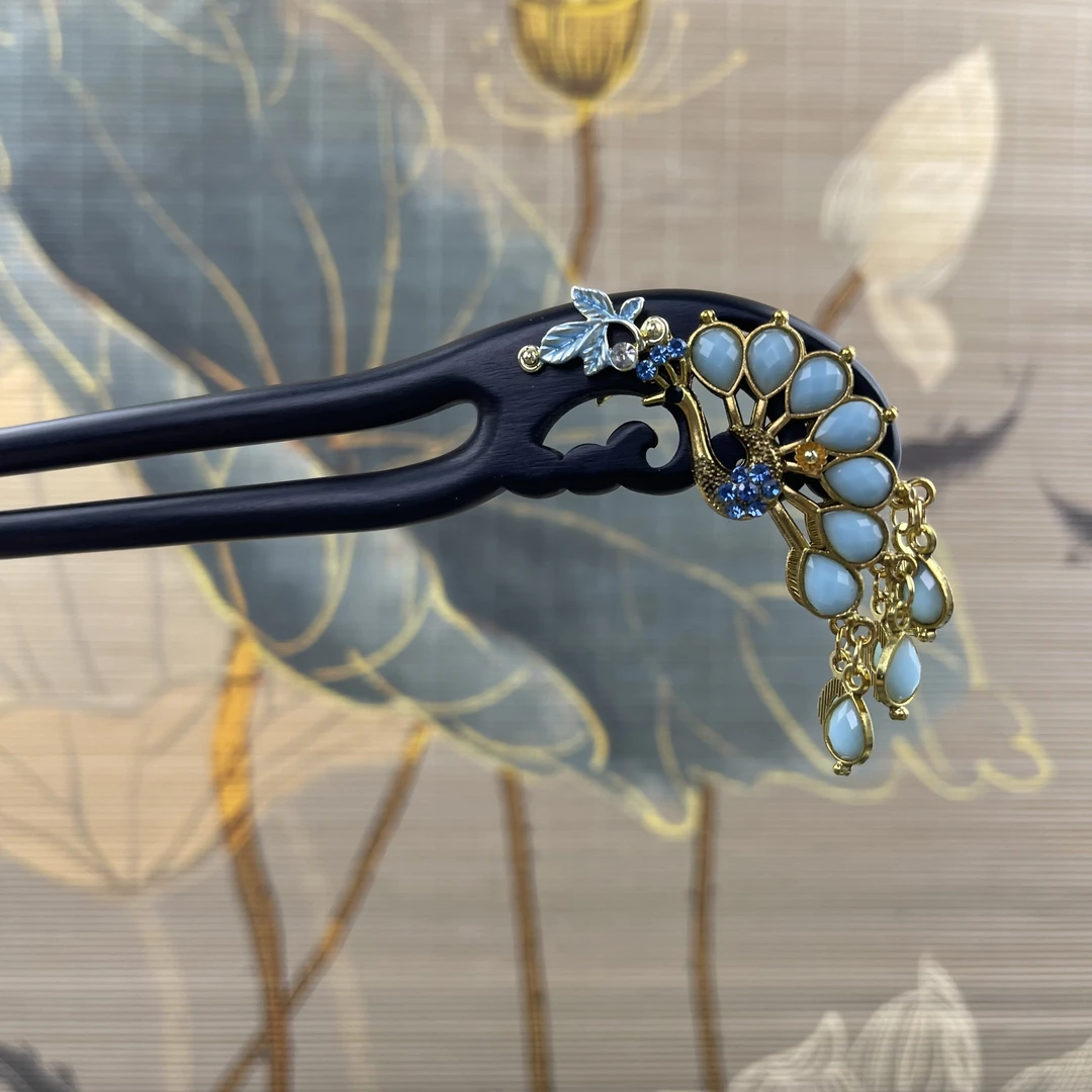 J116孔雀双钗发簪气质手工头饰发饰中式手工国风簪子百搭时尚发簪