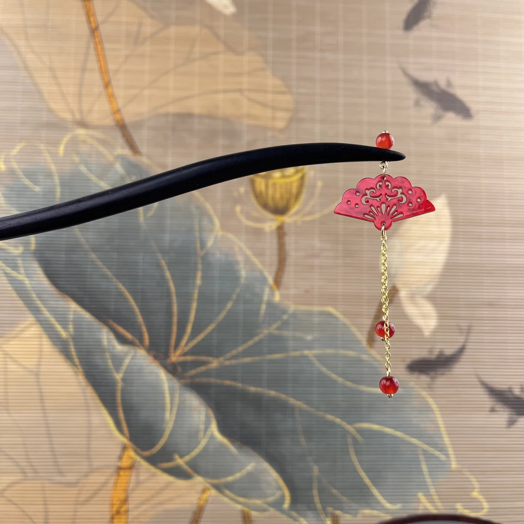 J29红扇发簪气质手工头饰发饰中式纯手工国风簪子百搭时尚木发簪