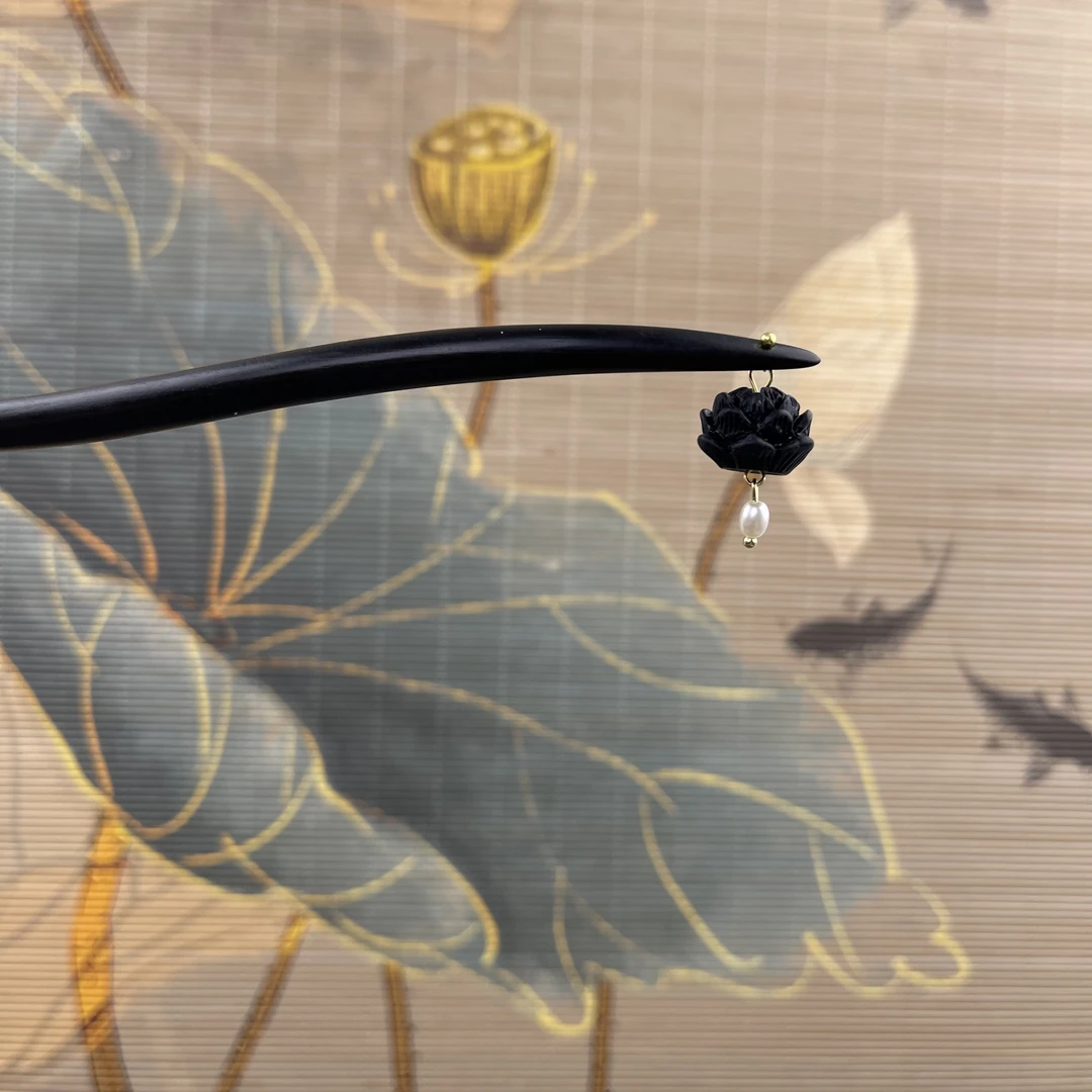 J118墨莲发簪气质手工头饰发饰中式纯手工国风簪子百搭时尚木发簪