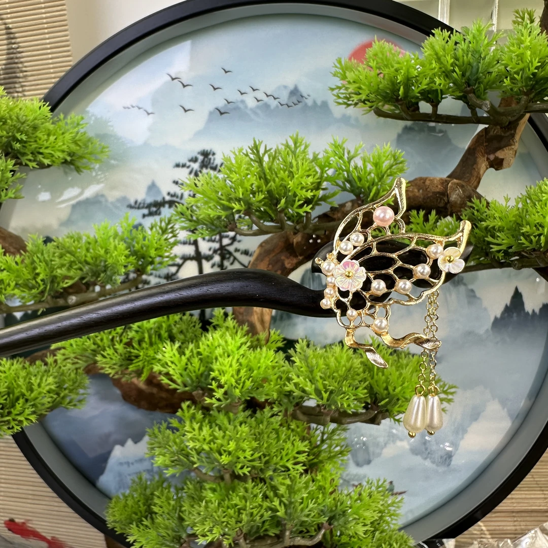 X71蝴蝶旗袍头饰发饰复古古风手工气质黑色国风简约簪发手工发簪