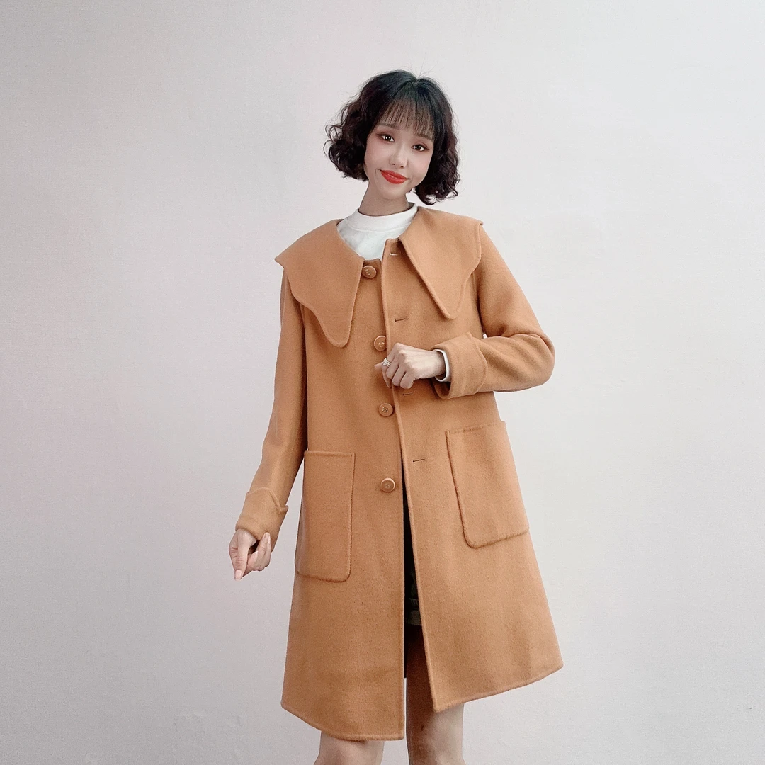 M012秋冬气质时尚翻领韩版中长款百搭双面呢大衣DM3