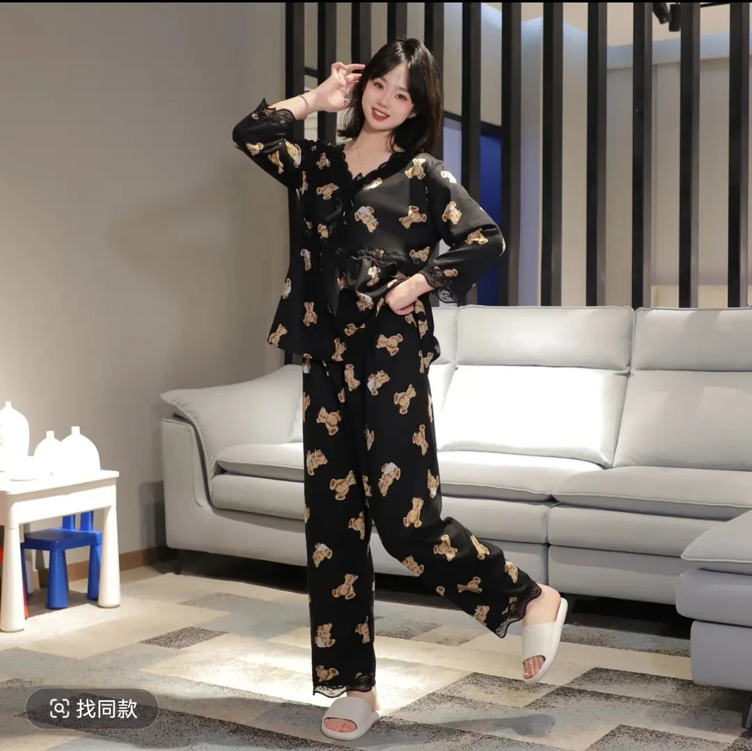 德绒豹纹睡衣女套装大码家居服高弹宽松遮肉显瘦洋气时尚秋冬长袖