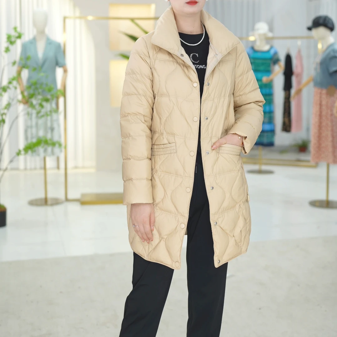 S0806新款时尚休闲显瘦百搭女士白鸭绒羽绒服中长款保暖纯色
