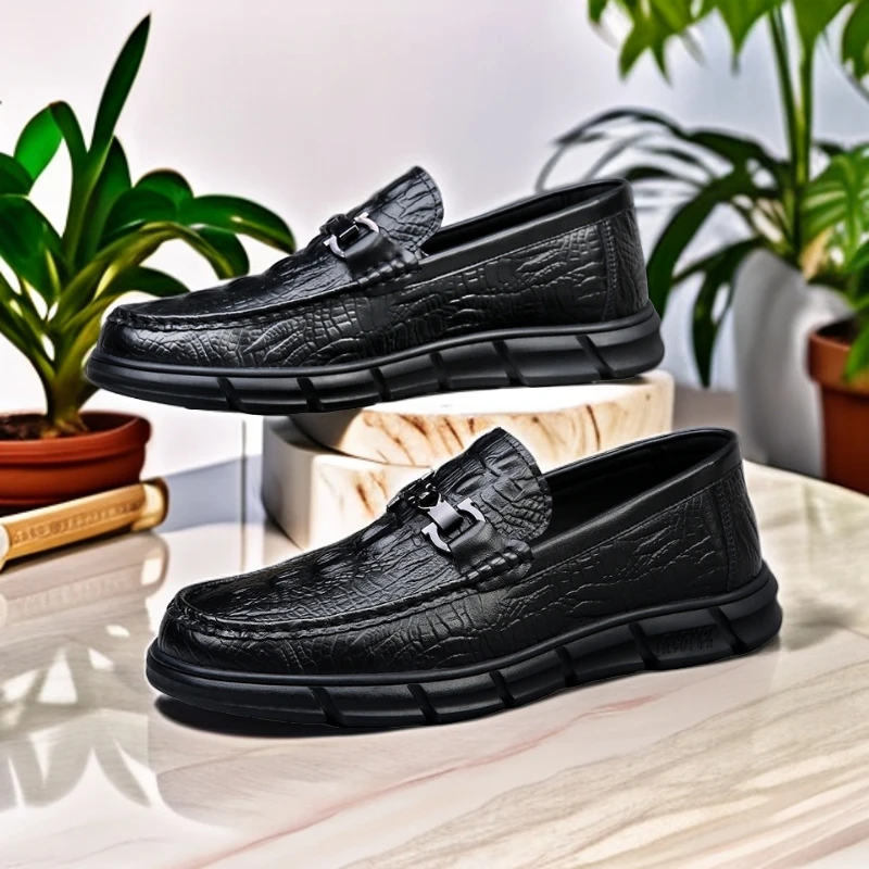 9108头层牛皮休闲鞋男士舒适透气豆豆鞋一脚蹬鳄鱼纹套脚懒人皮鞋