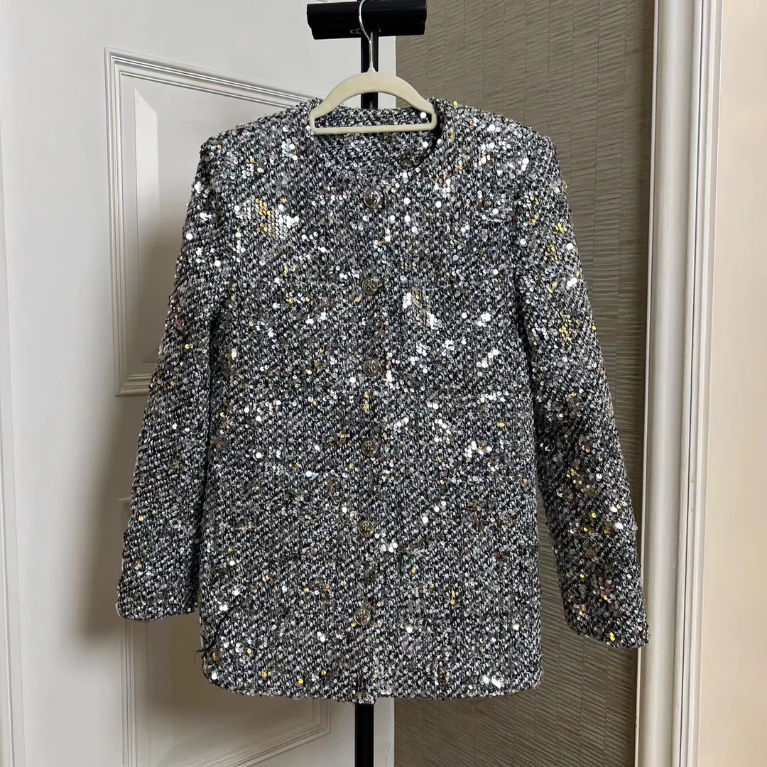 【汀娜】2024满印格雷风香香亮片外套#