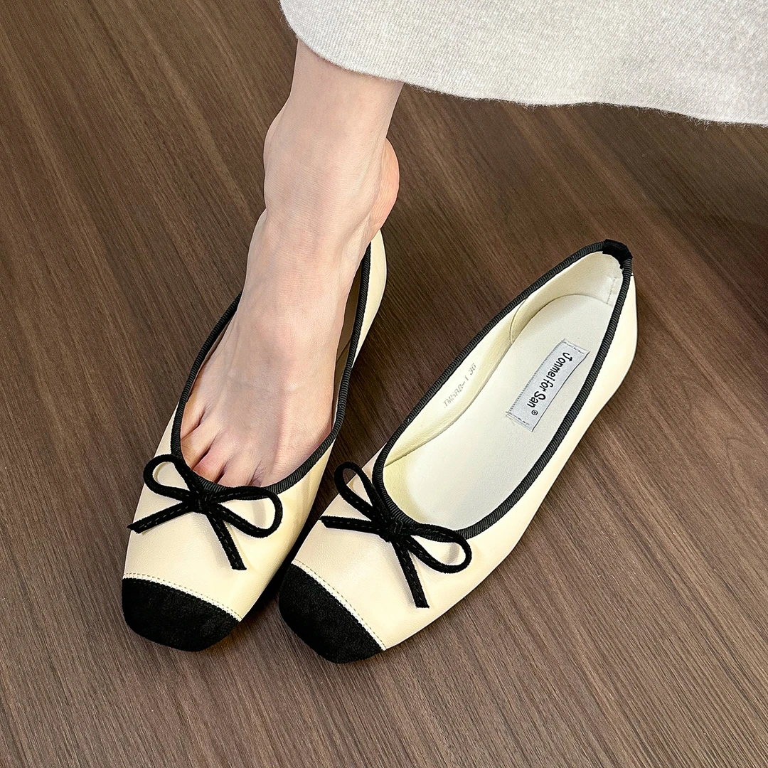 elingstudio绿色方头蝴蝶结单鞋女新款玛丽珍舒适百搭平底鞋子