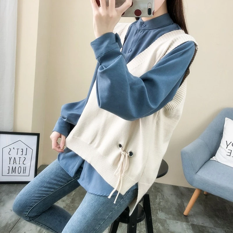 韩版宽松V领针织衫马甲女春秋装2024新款无袖背心女外穿短款马夹