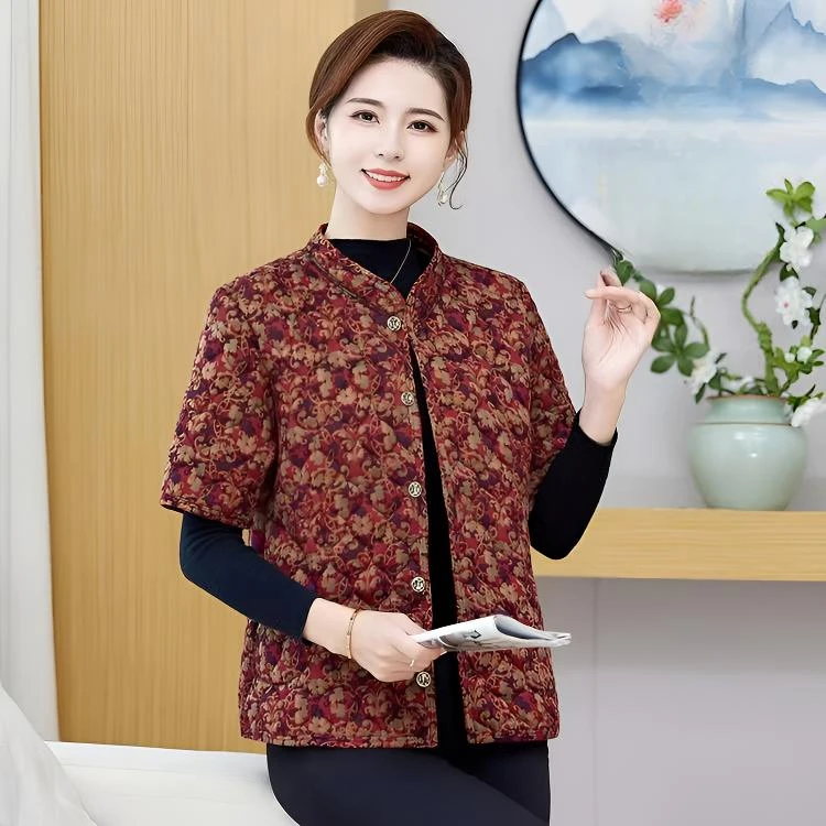 妈妈半袖棉服马甲中老年人女装秋冬夹棉加厚棉衣宽松马夹中袖坎肩