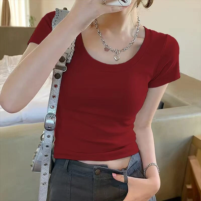 正肩u领短袖t恤女2025夏季小众设计感修身纯欲辣妹短款露脐上衣服