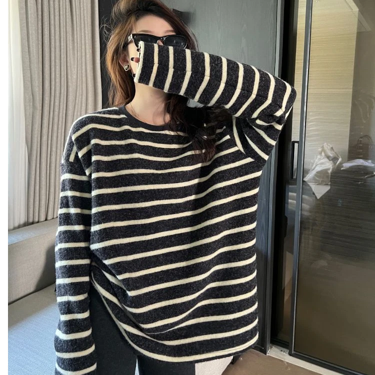 奶盐奥利奥绒加厚磨毛慵懒宽松显瘦条纹长袖t恤女秋冬新款打底衫