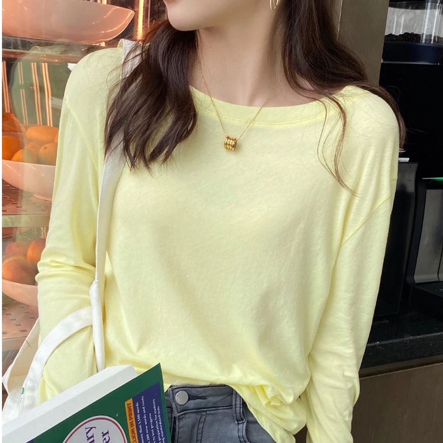 纯棉白色长袖t恤女西装内搭打底衫2025春秋新款宽松薄款罩衫上衣