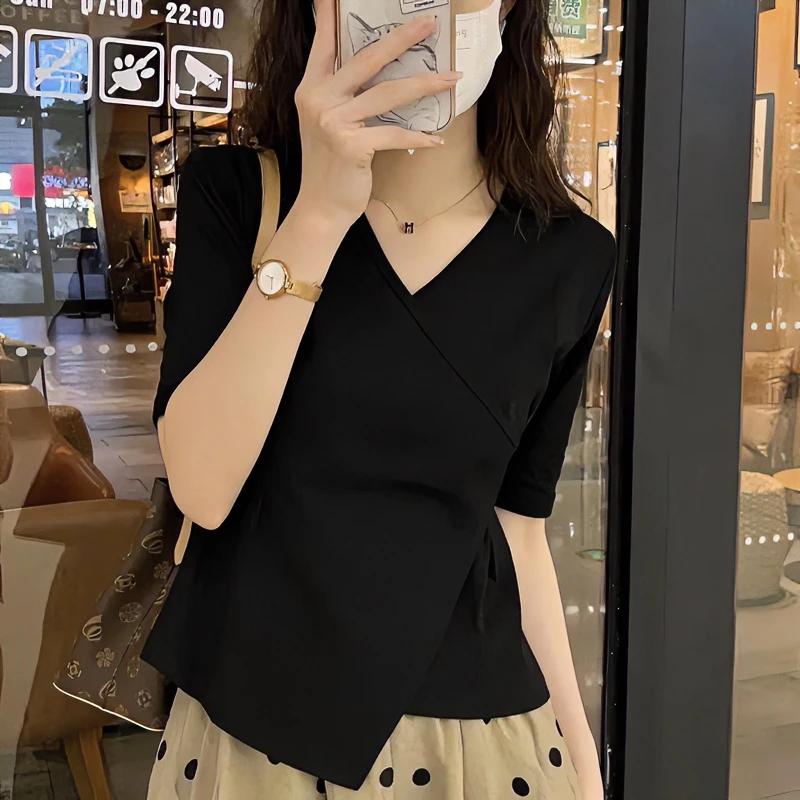 纯棉v领短袖t恤女2025年夏装新款欧货重工网红港风不规则显瘦上衣