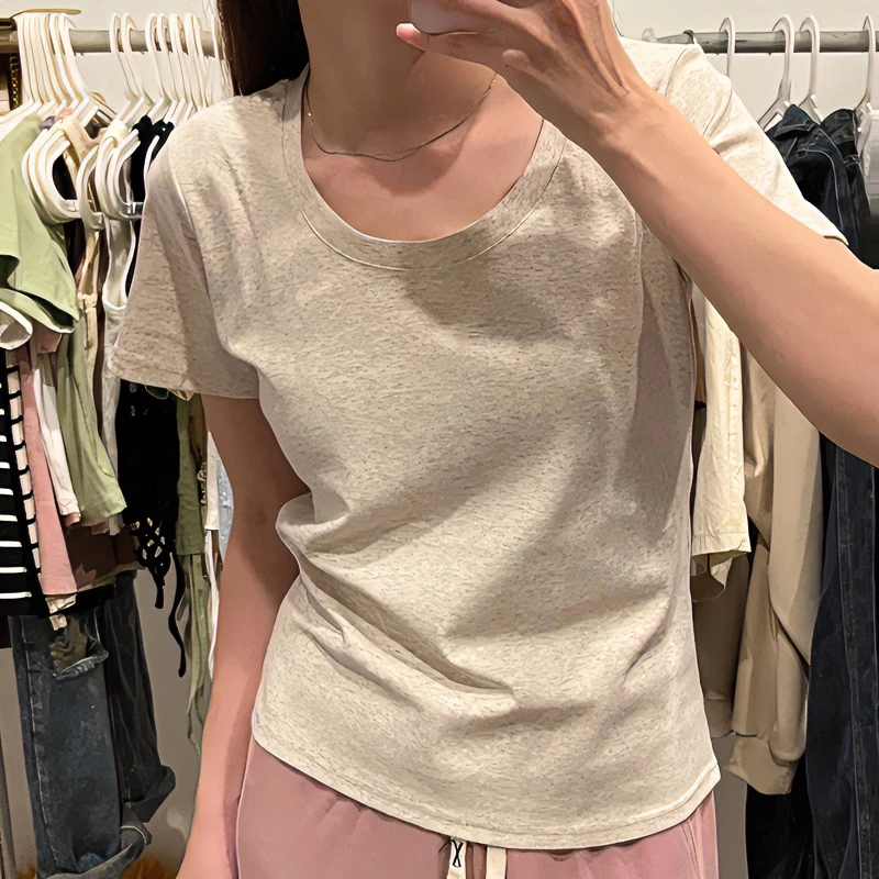 正肩短袖u领t恤女装夏季2025年新款纯棉修身低圆领基础款爆款上衣