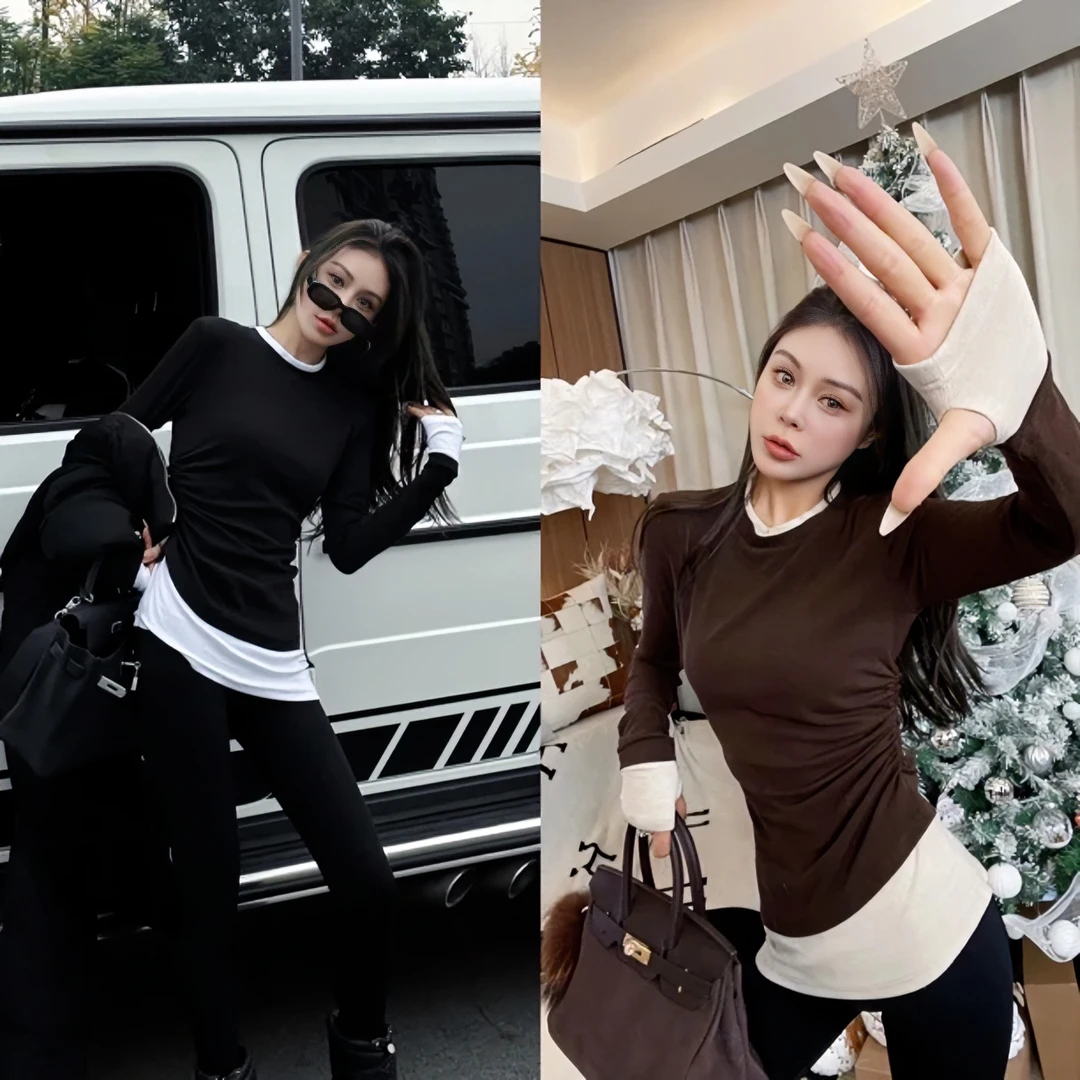 欧货黑白拼色假两件磨毛长袖百搭女秋冬褶皱收腰修身显瘦内搭上衣