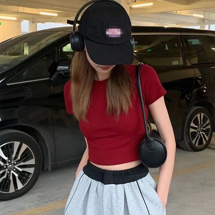 纯欲短袖T恤女夏季2025新款辣妹韩版修身短款露肚脐ins红色上衣潮