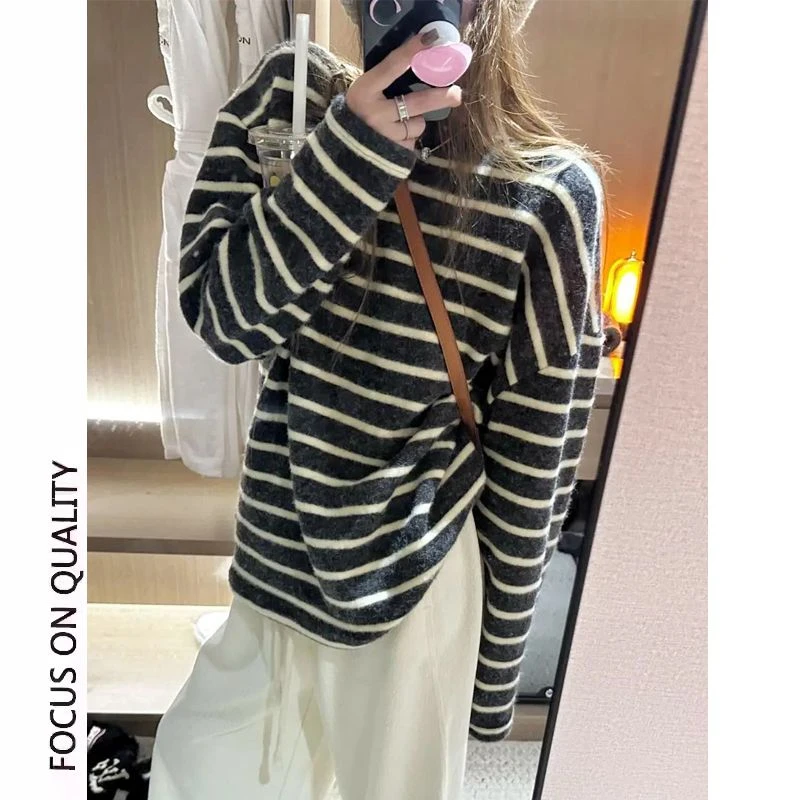 磨毛条纹长袖t恤女秋冬2025新款内搭加厚慵懒宽松chic打底衫上衣