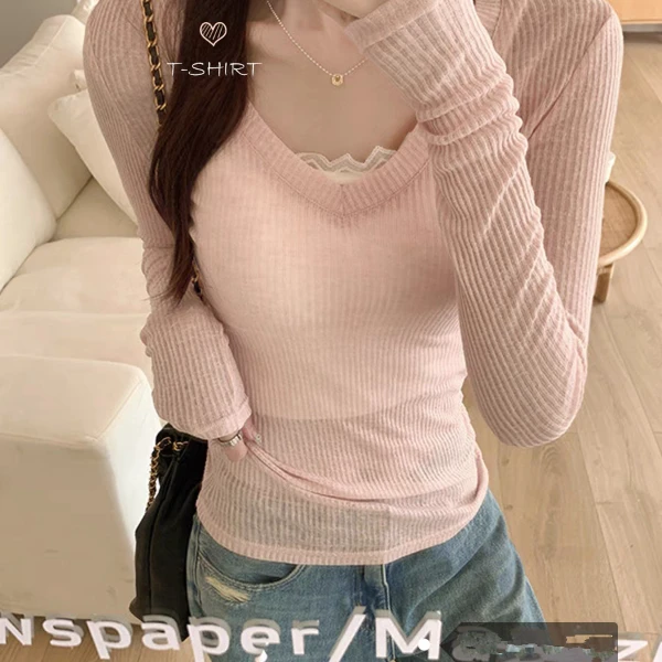 粉色V领微透薄款防晒T恤女2025夏季辣妹修身显瘦罩衫薄纱长袖上衣