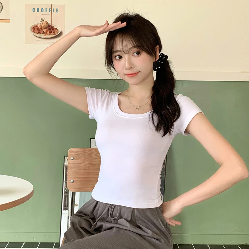 白色纯欲u领休闲百搭正肩修身短袖t恤女夏季2025新款简约短上衣