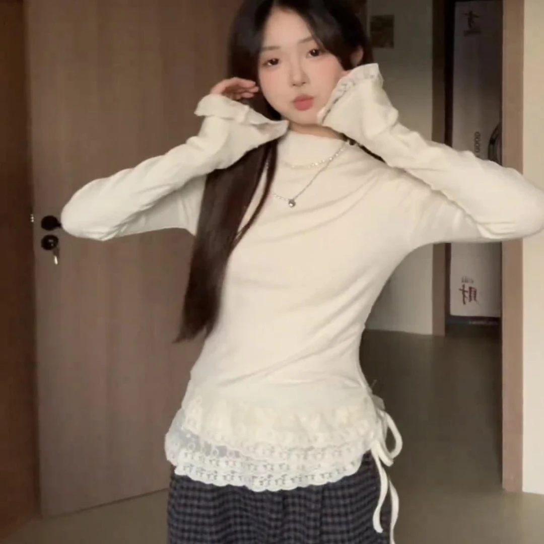 韩系纯欲蕾丝半高领长袖t恤女秋冬bm风小个子修身显瘦打底衫上衣