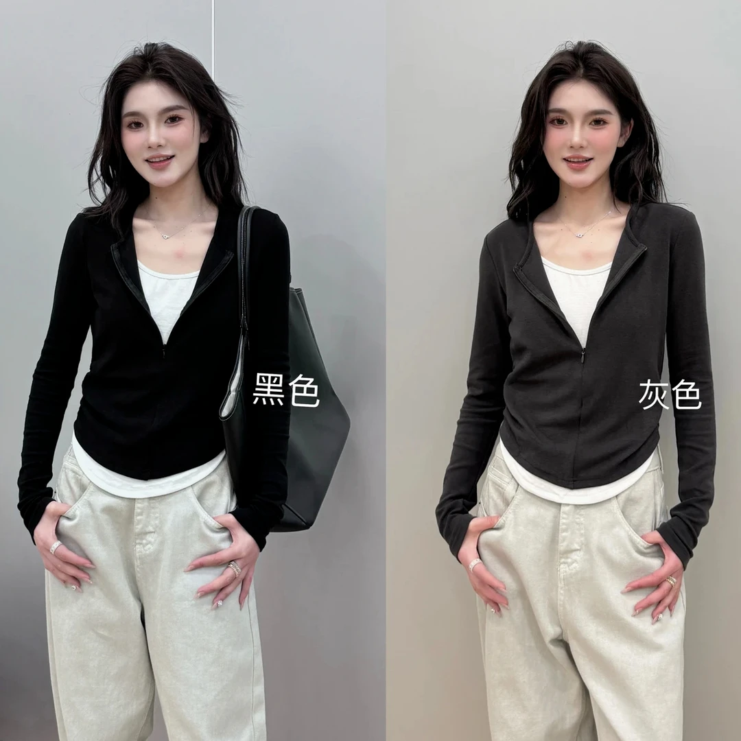 欧货时尚撞色拼接v领假两件T恤女2025早秋修身显瘦打底长袖上衣潮