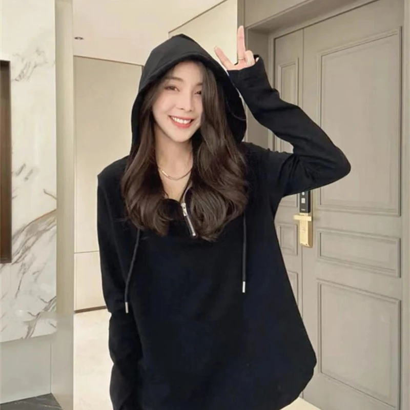 抽绳连帽长袖T恤女2025早秋新款韩版修身显瘦打底衫百搭内搭上衣