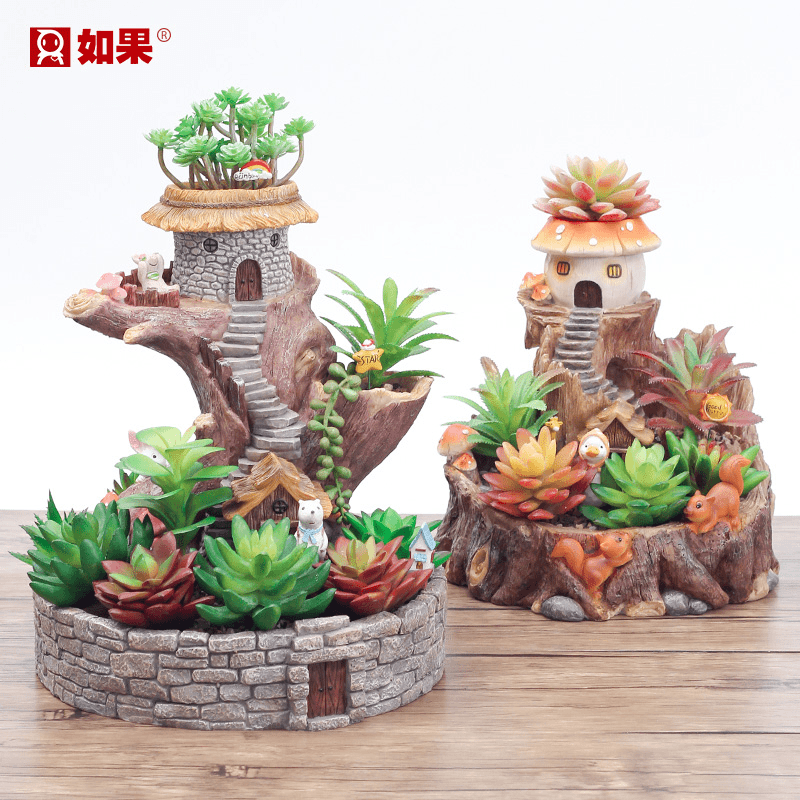 ROOGO/如果创意手工树屋复古多肉透气花盆田园新中式客厅种植花瓶