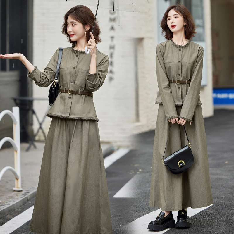 法式时尚套装裙女2024年秋季新款设计感收腰显瘦毛边半身裙两件套