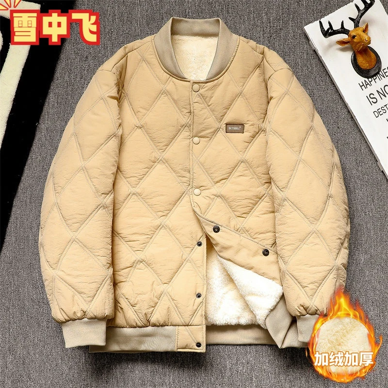 雪中飞加绒加厚外套男冬季菱形格宽松棉衣韩版青年棒球日系棉服男