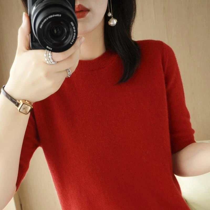 23年春夏新款圆领短袖女针织宽松短款半袖薄款打底衫