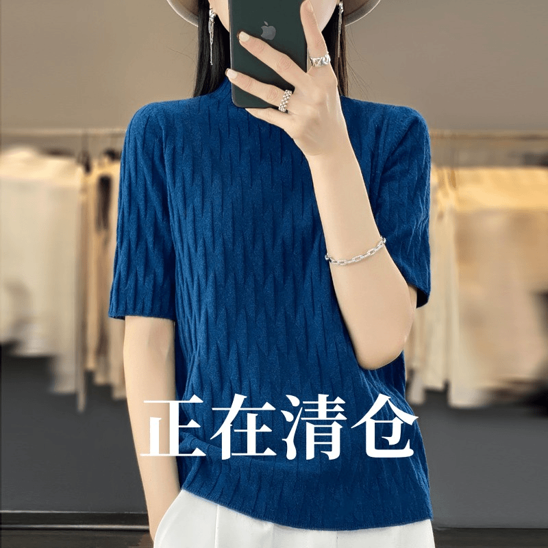 针织短袖五分袖半高领百搭女打底衫宽松显瘦内搭毛衣