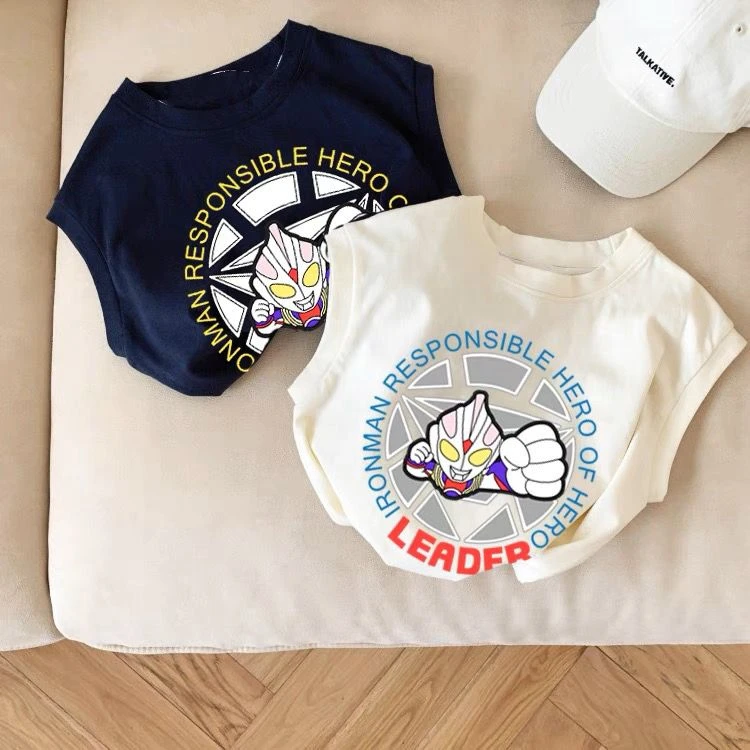 纯棉儿童可爱宝宝无袖背心夏季薄款卡通T恤中小童男童奥特曼上衣