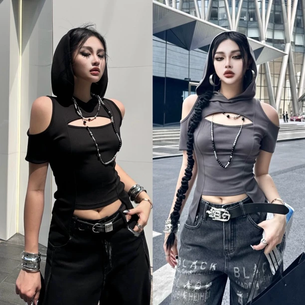 Blackgirl新款【怪诞美学】废土风性感显瘦辣妹漏肩设计上衣打底衫