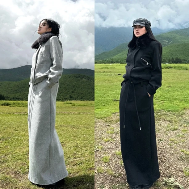 Blackgirl新款【万物生长】 冬款加绒加厚毛领厚款保暖外套长裙套装