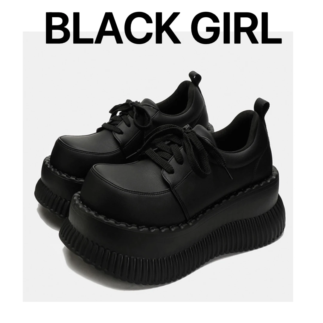 Blackgirl新款【亚文化】 高级感小众厚底鞋增高百搭黑色圆头鞋皮鞋