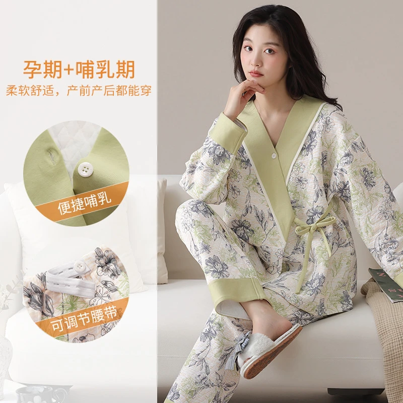 孕妇月子服2024秋冬新款空气棉孕期哺乳睡衣孕妇产后家居服套装