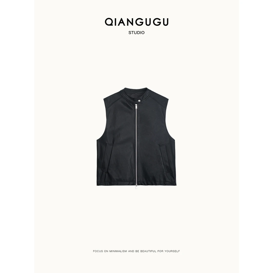 钱谷谷 美式复古立领一粒扣拉链宽松PU皮马甲外套 Q24030129